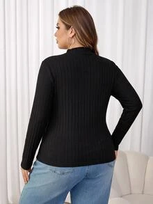 SHEIN CURVE+ Plus Size Women's Ribbed Knit Fitted Basic Turtleneck Top, Cotton Blend T-Shirt For Autumn/Winter, Suitable For 5XL-8XL - Black - View 2