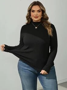 SHEIN CURVE+ Plus Size Women's Ribbed Knit Fitted Basic Turtleneck Top, Cotton Blend T-Shirt For Autumn/Winter, Suitable For 5XL-8XL - Black - View 4