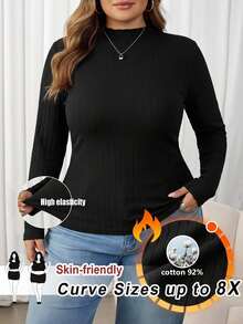 SHEIN CURVE+ Plus Size Women's Ribbed Knit Fitted Basic Turtleneck Top, Cotton Blend T-Shirt For Autumn/Winter, Suitable For 5XL-8XL - Black - View 6