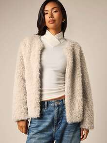 COSMINA Women's Casual Elegant Solid Color Long Sleeve Faux Fur Coat - Beige - View 5