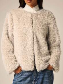 COSMINA Women's Casual Elegant Solid Color Long Sleeve Faux Fur Coat - Beige - View 4