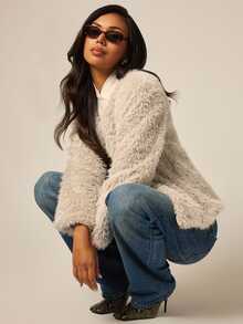 COSMINA Women's Casual Elegant Solid Color Long Sleeve Faux Fur Coat - Beige - View 1