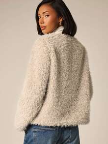 COSMINA Women's Casual Elegant Solid Color Long Sleeve Faux Fur Coat - Beige - View 2