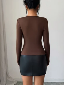 Elenzga Early Autumn New Sexy Elegant Fashion Coffee Color Deep V-Neck Pleated Design Double Layer Pleated Rhinestone Square Buckle Fitted Elastic Knit Long Sleeve T-Shirt - Coffee Brown - View 2