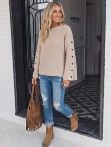 Omancia Women's High Neck Knit Sweater With Design Sleeves And Button Decoration, Loose Fit, European And American Style, Street Style, Textured Western Style Pullover - Khaki - View 5