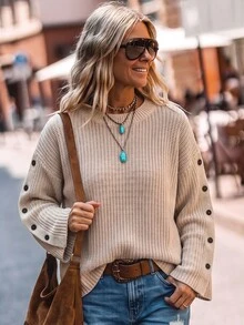 Omancia Women's High Neck Knit Sweater With Design Sleeves And Button Decoration, Loose Fit, European And American Style, Street Style, Textured Western Style Pullover - Khaki - View 4