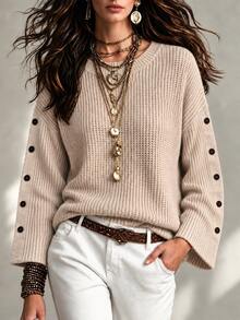 Omancia Women's High Neck Knit Sweater With Design Sleeves And Button Decoration, Loose Fit, European And American Style, Street Style, Textured Western Style Pullover - Khaki - View 1