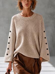 Omancia Women's High Neck Knit Sweater With Design Sleeves And Button Decoration, Loose Fit, European And American Style, Street Style, Textured Western Style Pullover - Khaki - View 3