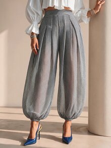 Structelle Celana Jogger Lipit Transparan Motif Kotak-kotak Kasual Wanita - Hitam - View 7