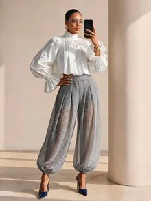 Structelle Celana Jogger Lipit Transparan Motif Kotak-kotak Kasual Wanita - Hitam - View 3