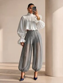 Structelle Celana Jogger Lipit Transparan Motif Kotak-kotak Kasual Wanita - Hitam - View 6