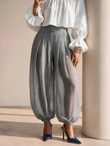 Structelle Celana Jogger Lipit Transparan Motif Kotak-kotak Kasual Wanita - Hitam - View 4