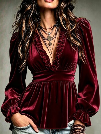 LUMIGAL Women's Burgundy Velvet V Neck Blouse With Ruffle Trim, Lantern Cuff Long Sleeve, Empire Waist Peplum Hem, Boho Casual Top For Daily & Office Wear