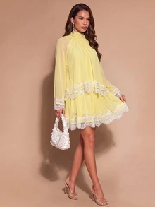 Bluhae Women's Fall Pastel Yellow Chiffon 2 Pieces Set, High Neck Ruched Long Sleeve Eyelash Lace Layered Cropped Outfit Brunch Vacation Romantic Elegant - Yellow - View 3