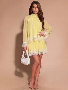 Bluhae Women's Fall Pastel Yellow Chiffon 2 Pieces Set, High Neck Ruched Long Sleeve Eyelash Lace Layered Cropped Outfit Brunch Vacation Romantic Elegant - Yellow - View 4