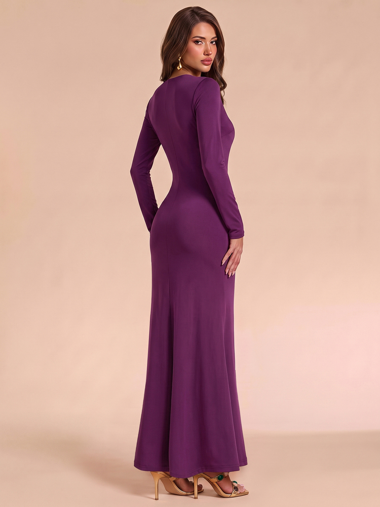 Bluhae Fashionable New Autumn Sexy Long Sleeve Deep V-Neck Metal Buckle Decor Ruched Hem Backless Cinched Waist Long Dress For Women - Purple - View 2