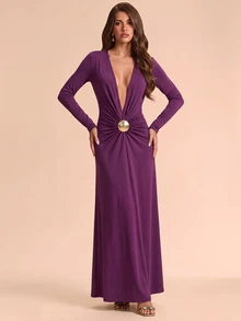 Bluhae Fashionable New Autumn Sexy Long Sleeve Deep V-Neck Metal Buckle Decor Ruched Hem Backless Cinched Waist Long Dress For Women - Purple - View 3