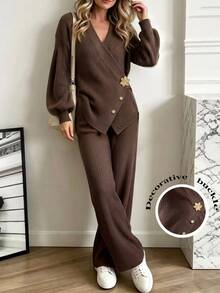 Balvessa Women's Autumn/Winter Metal Flower Decor Knitted Top And Pants 2 Pieces Set - Brown - View 7
