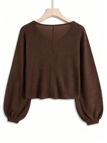 QUELARIE Plus Size Minimalist Loose V-Neck Casual Top - Coffee Brown - View 2