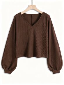 QUELARIE Plus Size Minimalist Loose V-Neck Casual Top - Coffee Brown - View 3