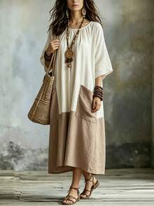NostaNoir Women's Autumn Long Sleeve Patchwork Maxi Dress - Khaki - View 5