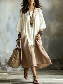 NostaNoir Women's Autumn Long Sleeve Patchwork Maxi Dress - Khaki - View 2