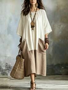 NostaNoir Women's Autumn Long Sleeve Patchwork Maxi Dress - Khaki - View 4