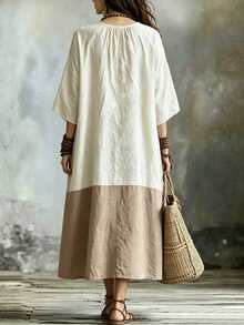 NostaNoir Women's Autumn Long Sleeve Patchwork Maxi Dress - Khaki - View 3
