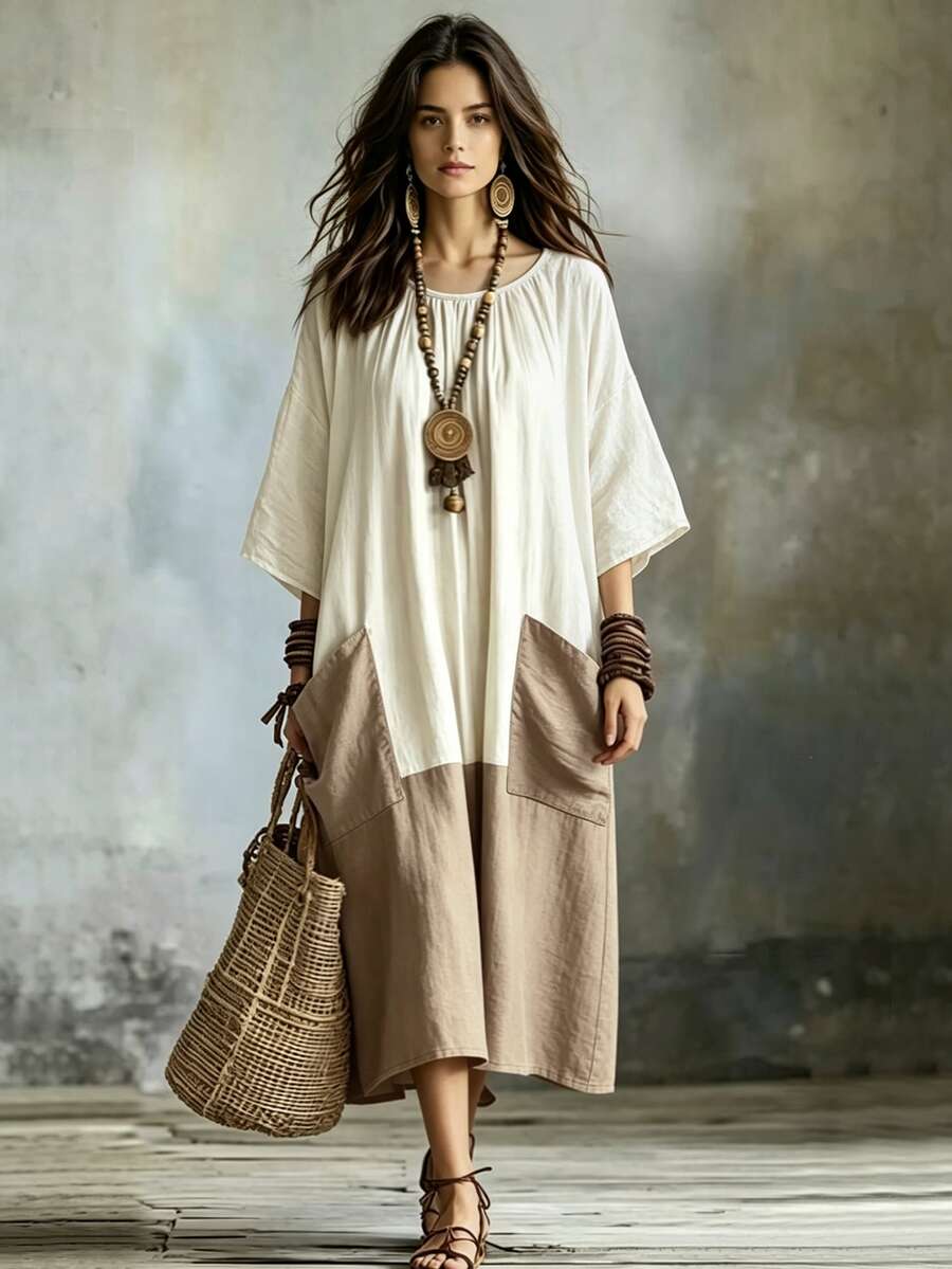 NostaNoir Women's Autumn Long Sleeve Patchwork Maxi Dress - Khaki - View 1