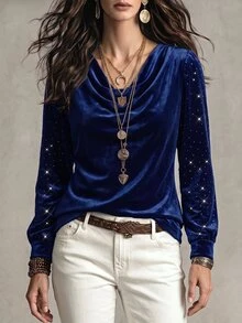 Trelyra New Women's Fashion Casual Versatile Party Daily Commute Cowl Neck Velvet Foil Print Glitter Long Sleeve Top - Multicolor - View 5
