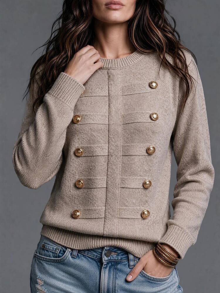 Trelyra 2026 Autumn New French Style Double-Breasted Button Short Plush Knit Sweater, Elegant Commuter Soft Gentle Versatile Brunch Office - Vanilla Oat - View 5