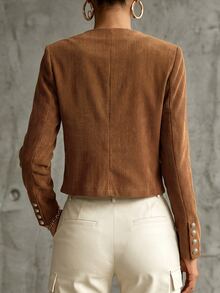 SHEIN Women's Fall Brown Crew Neck Single-Breasted Crop Jacket, Long-Sleeve Ribbed Textured Waisted Top, Chic Occasion Wear For Daily Commute Office Date - Brown - View 2