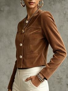 SHEIN Women's Fall Brown Crew Neck Single-Breasted Crop Jacket, Long-Sleeve Ribbed Textured Waisted Top, Chic Occasion Wear For Daily Commute Office Date - Brown - View 5