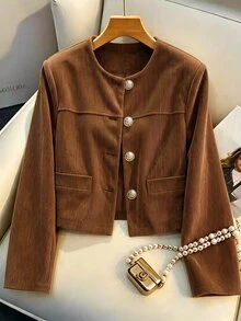 SHEIN Women's Fall Brown Crew Neck Single-Breasted Crop Jacket, Long-Sleeve Ribbed Textured Waisted Top, Chic Occasion Wear For Daily Commute Office Date - Brown - View 3