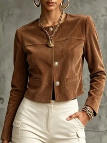 SHEIN Women's Fall Brown Crew Neck Single-Breasted Crop Jacket, Long-Sleeve Ribbed Textured Waisted Top, Chic Occasion Wear For Daily Commute Office Date - Brown - View 1