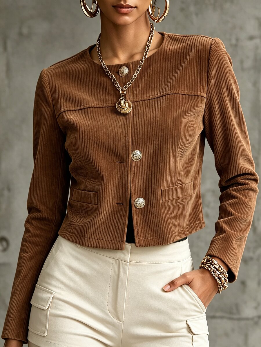 SHEIN Women's Fall Brown Crew Neck Single-Breasted Crop Jacket, Long-Sleeve Ribbed Textured Waisted Top, Chic Occasion Wear For Daily Commute Office Date - Brown - View 1