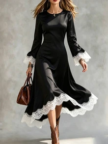 SHEIN Women's Contrast Lace Round Neck Long Sleeve Elegant 80s Asymmetric Hem Dress Halloween Dinner Night Black And White Fall - Black - View 1