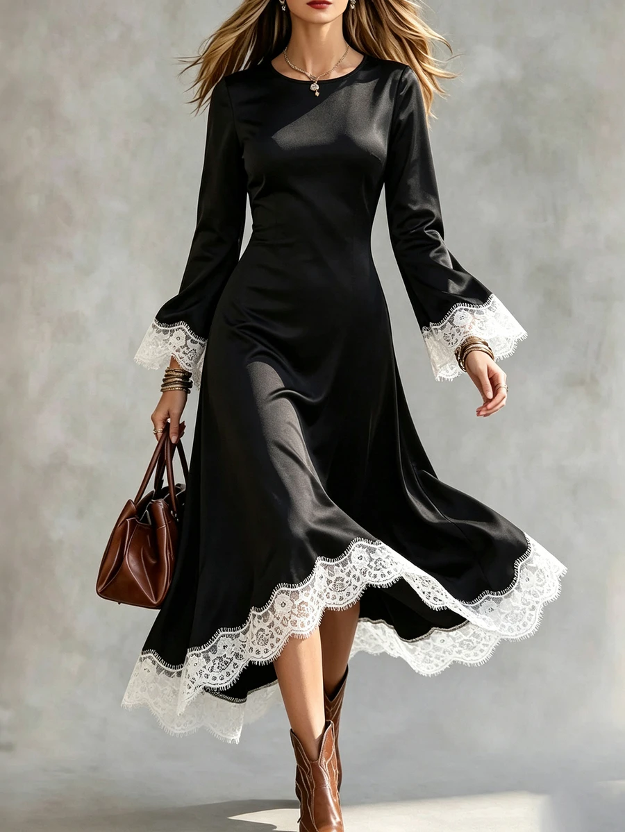 SHEIN Women's Contrast Lace Round Neck Long Sleeve Elegant 80s Asymmetric Hem Dress Halloween Dinner Night Black And White Fall - Black - View 1