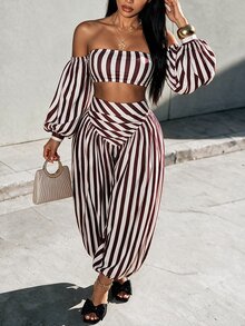 Eryvara Women's Brown Striped Pattern Cropped Tube Top And Loose Jogger Pants 2 Pieces Set, Suitable For Summer Tropical Vacation Wear. - Multicolor - View 3