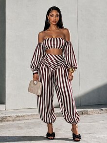 Eryvara Women's Brown Striped Pattern Cropped Tube Top And Loose Jogger Pants 2 Pieces Set, Suitable For Summer Tropical Vacation Wear. - Multicolor - View 7