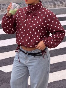 Muchica 秋冬休閒酒紅色波點大尺碼外套 - 酒紅色 - 查看 6
