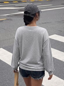 Muchica Grey Plus Size Vintage Knit Sweatshirt, Acid Wash Distressed Style With Loose Fit, Autumn/Winter Fall - Grey - View 2