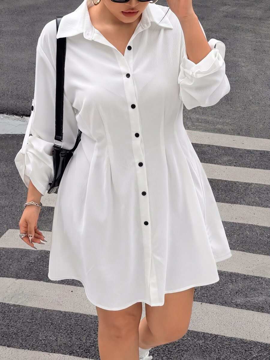 Muchica Autumn/Winter Plus Size Casual White Front Button Shirt Dress (No Belt) Fall - White - View 1