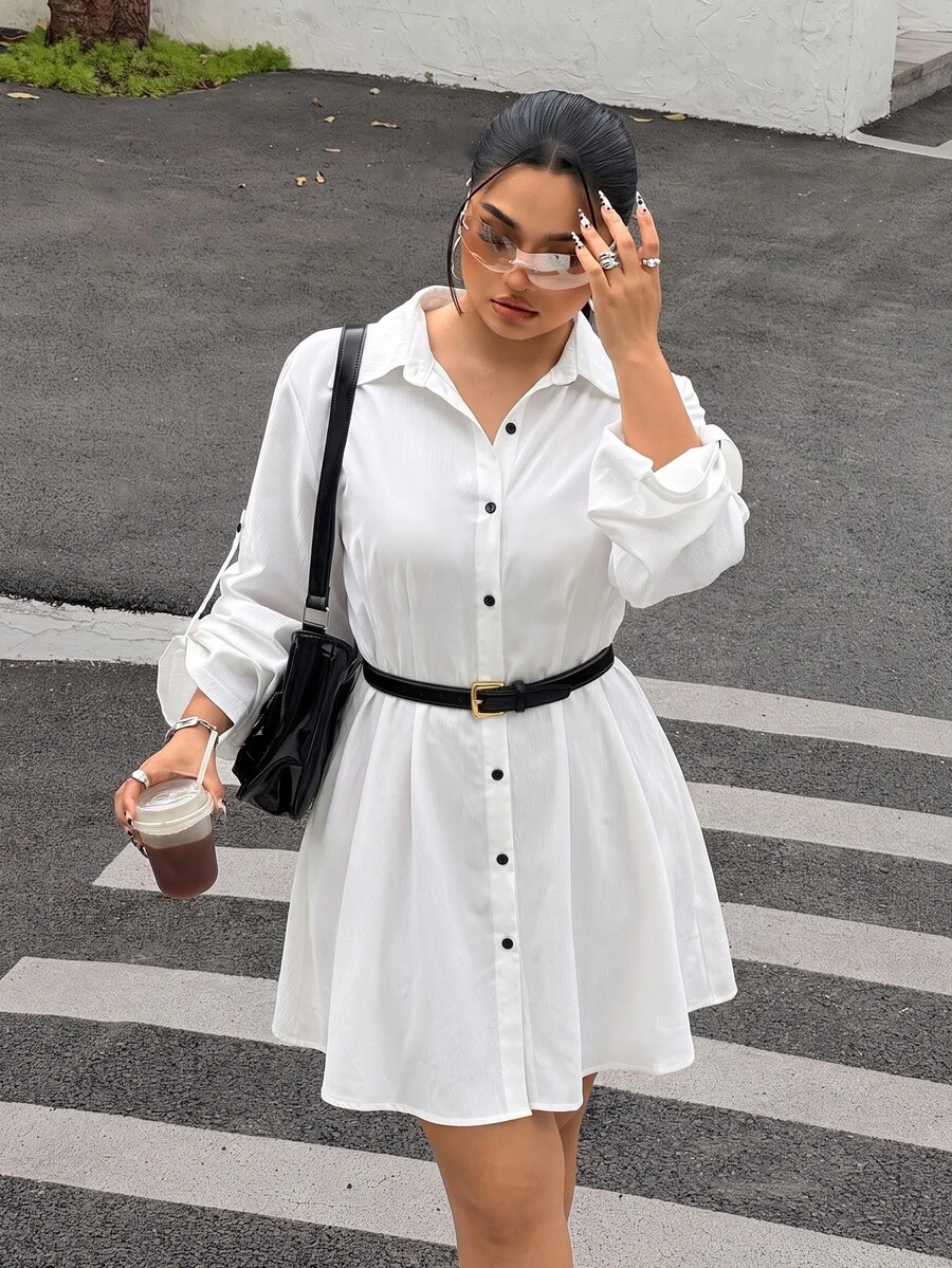 Muchica Autumn/Winter Plus Size Casual Kawaii White Front Button Shirt Dress (No Belt) Fall Office Confirmation - White - View 1