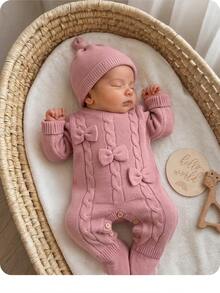 SHEIN Newborn Baby Bowknot Decor Long Sleeve Cute Knitted Romper - Pink - View 11