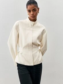 ATUI Studio Women's Cream Belted Stand Collar Jacket - Quiet Luxury, Funnel Neck,Old Money, Minimalist, Office Chic, Fall Winter, Euro Style - Apricot - View 4