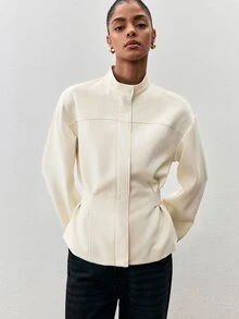 ATUI Studio Women's Cream Belted Stand Collar Jacket - Quiet Luxury, Funnel Neck,Old Money, Minimalist, Office Chic, Fall Winter, Euro Style - Apricot - View 9