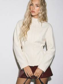ATUI Studio Women's Cream Belted Stand Collar Jacket - Quiet Luxury, Funnel Neck,Old Money, Minimalist, Office Chic, Fall Winter, Euro Style - Apricot - View 2