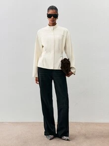ATUI Studio Women's Cream Belted Stand Collar Jacket - Quiet Luxury, Funnel Neck,Old Money, Minimalist, Office Chic, Fall Winter, Euro Style - Apricot - View 6