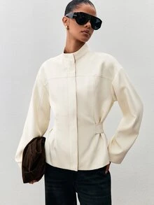 ATUI Studio Women's Cream Belted Stand Collar Jacket - Quiet Luxury, Funnel Neck,Old Money, Minimalist, Office Chic, Fall Winter, Euro Style - Apricot - View 7